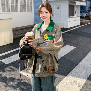 美式复古格纹涂鸦外套女2025春季新款学院风休闲减龄夹克上衣爆款图片