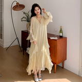 黄色木耳边连衣裙女春季2025新款独特漂亮法式高级感度假仙女长裙，商品下架区，浙宝199