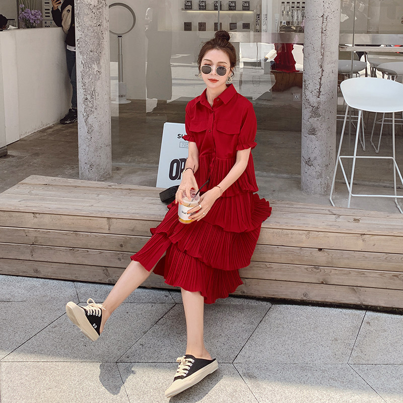 红色超仙森系初恋裙女2025夏新款高腰显瘦衬衫裙气质蛋糕裙连衣裙,女装连衣裙,浙宝199