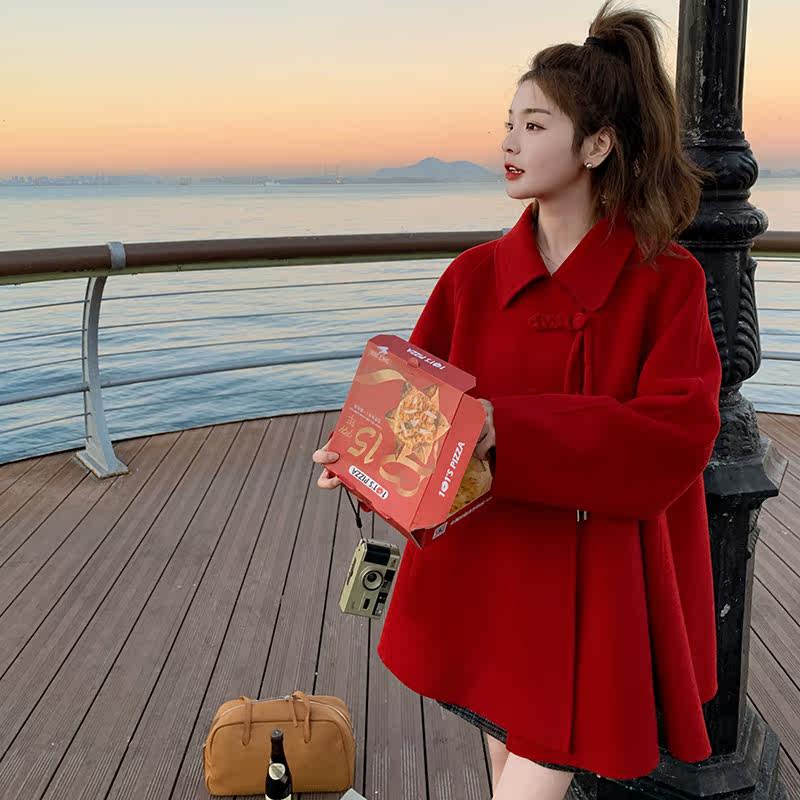 199-D376-P185-控268【好款现货】红色毛呢大衣宽松韩版,女装短外套,浙宝199