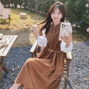 韩系复古泡泡袖连衣裙女2025年春秋季新款法式修身显瘦茶歇长裙子