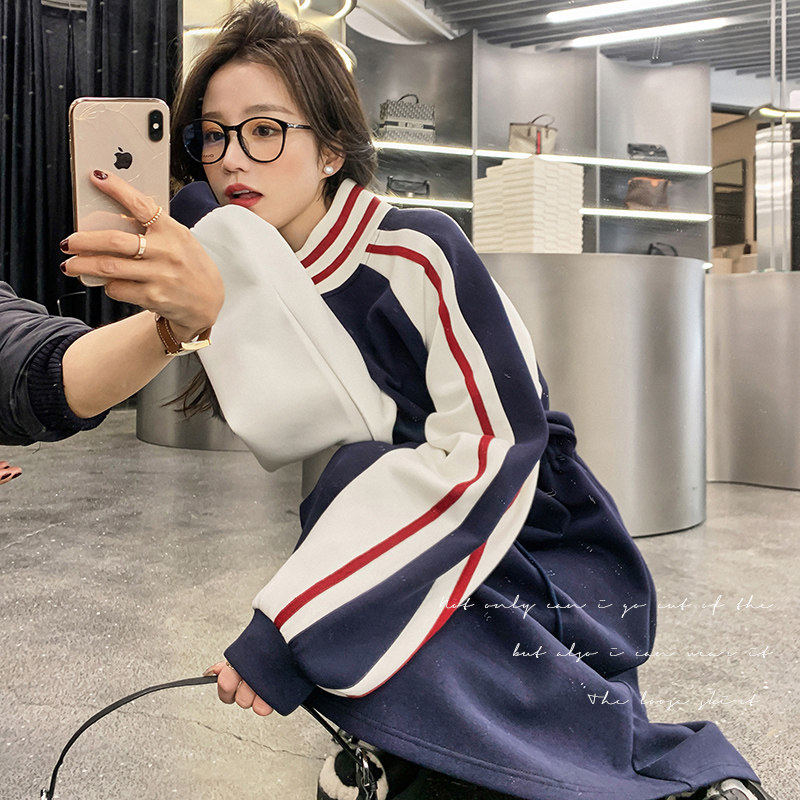 清仓捡漏一线品牌专柜剪标女装秋冬季立领撞色拼接抽绳长袖连衣裙图片