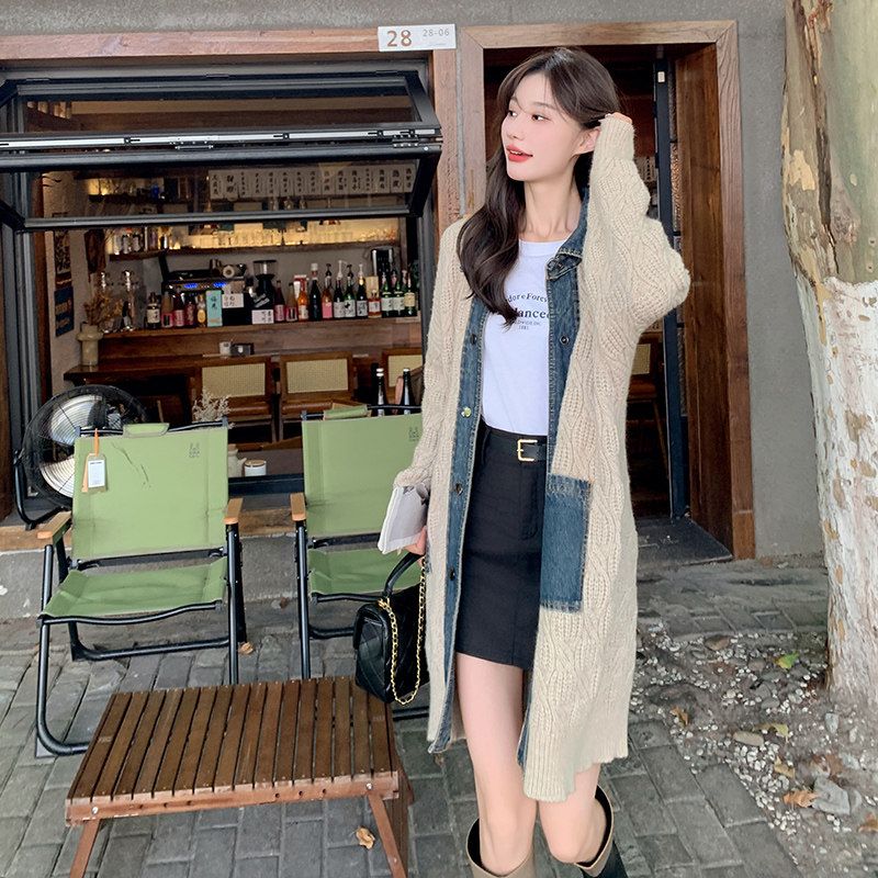 韩版慵懒风长款针织外套女2025春秋新款法式复古显瘦牛仔拼接上衣,针织衫/毛衣,浙宝199