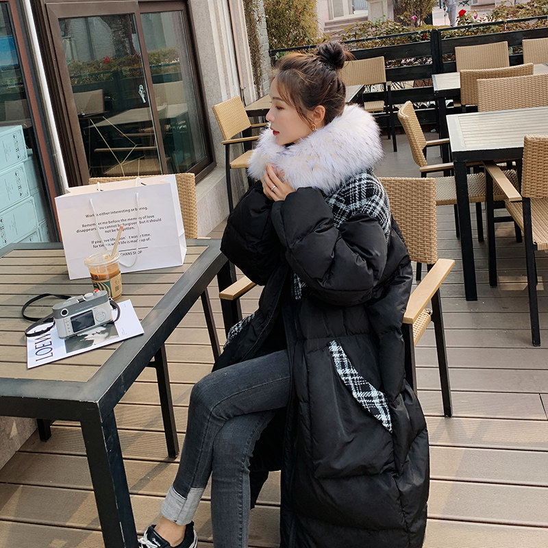 棕色拼接中长款羽绒外套可爱白鸭绒女秋冬款小熊猫格子设计感衣服,女装棉衣/棉服,浙宝199