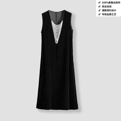 100桑蚕丝丝绒长裙重工编织珠串圆领气质真丝丝绒连衣裙女C204