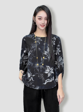 100桑蚕丝真丝双绉墨风百合圆领灯笼袖新中式桑蚕丝T恤上衣SYJ05