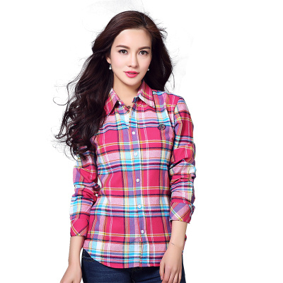 纯棉格子衬衫女长袖修身短款大
