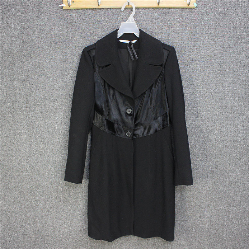 彬彬家~美国单硬货yang毛呢风衣小牛mao拼接外套中长款修身夹克