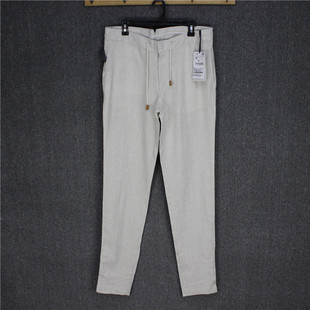 彬彬家~美国单纯亚麻休闲裤米色略修身小直筒卷裤脚长裤