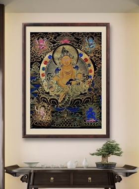 收藏级黄财神唐卡纯手绘描金唐卡客厅玄关装饰画 黑金黄财神唐卡
