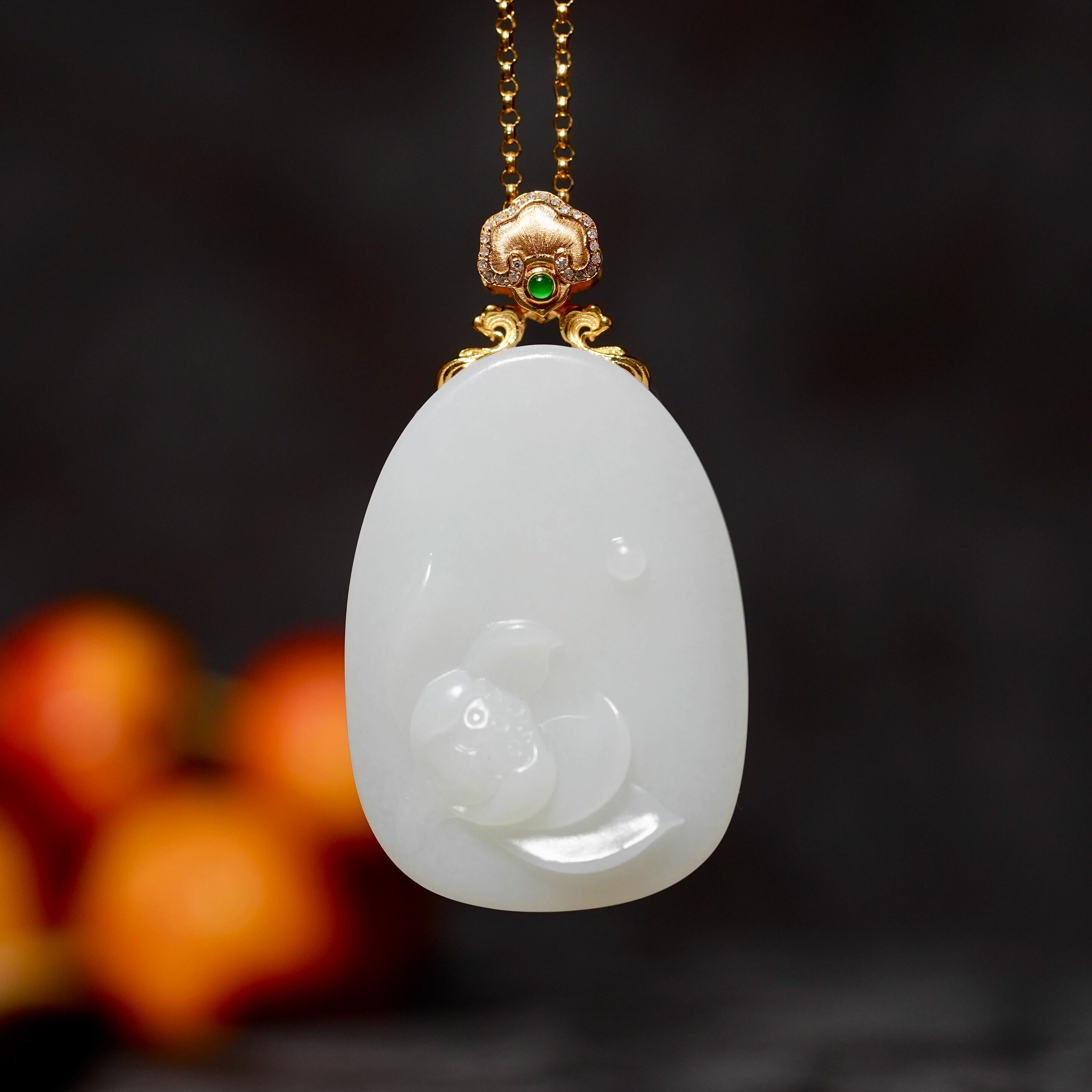 天然新疆和田白玉18k金镶嵌苏工荷花牌和和美美如意扣头挂坠吊坠