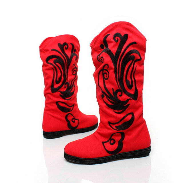 NEW RETRO ETHNIC STYLE EMBROIDERED BOOTS MILLE-FEUILLE BOTTOM BOOTS HIGH-TUBE INNER HEIGHTENED WOMENS BOOTS SPRING AND AUTUMN SINGLE BOOTS COTTON BOOTS