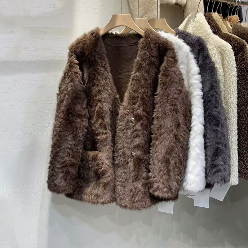 V领皮毛一体仿貂毛皮草外套