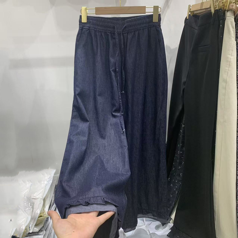 拼接木耳边天丝牛仔阔腿裤女2025夏季新款松紧腰宽松显瘦九分裤潮