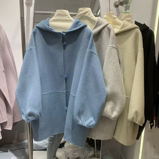 连帽灯笼袖中长款羊毛双面呢大衣女2025秋冬新款宽松慵懒毛呢外套