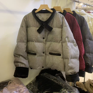 重工烫钻丝绒拼接短款羽绒服女2025冬季新款韩系减龄白鸭绒外套潮