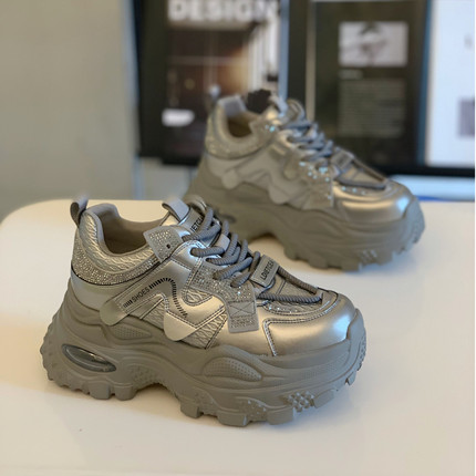 时尚潮流百搭7CM厚底真皮老爹鞋女2025秋季小个子轻便透气运动鞋