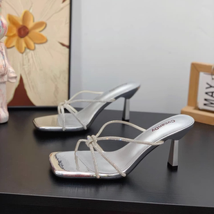 细跟7CM增高显瘦凉拖鞋 新款 水钻细带仙女风一字拖女2026夏季 法式