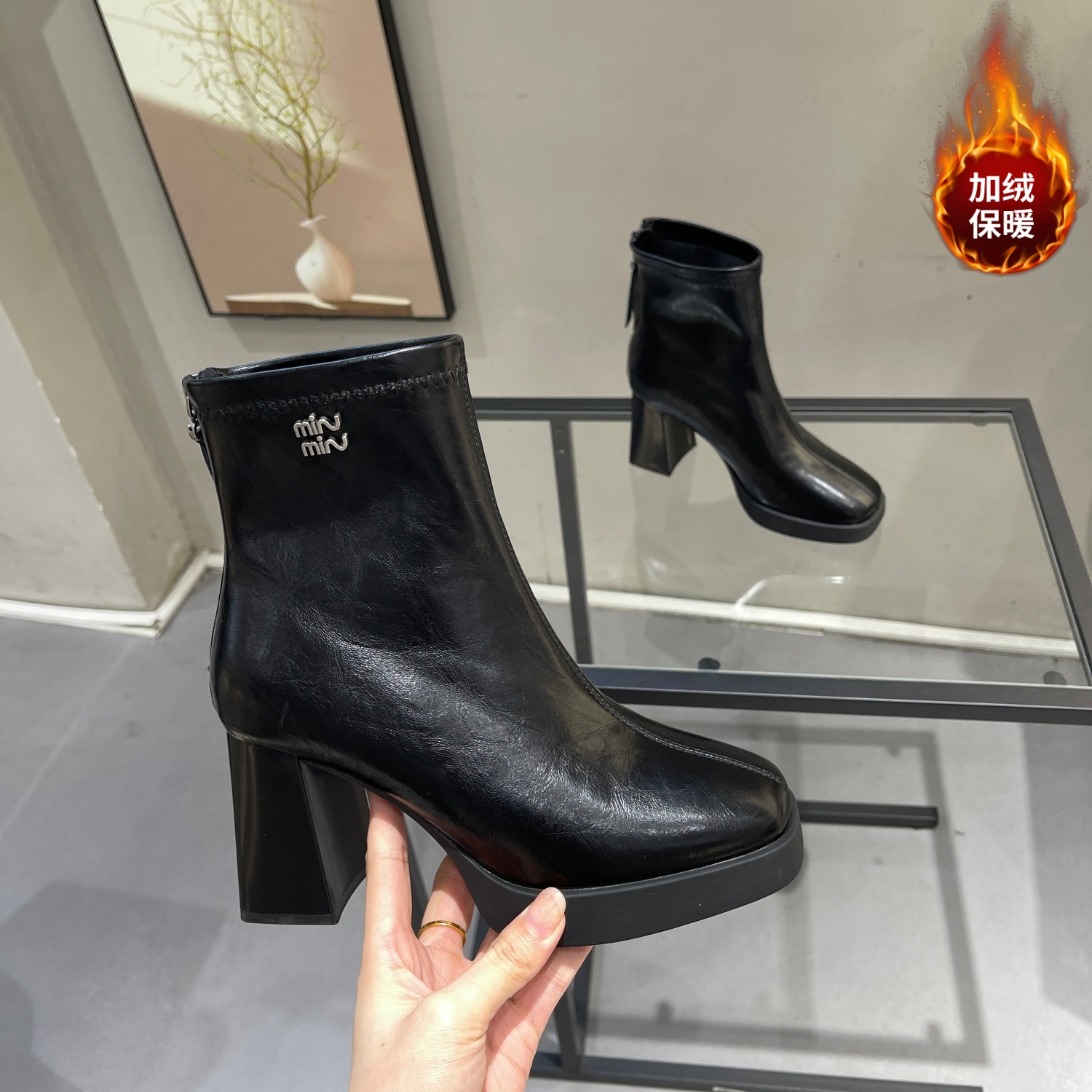 小个子粗跟7cm方头高跟切尔西靴