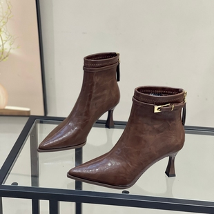 6cm尖头高跟短靴女2025秋冬新款细跟加绒瘦瘦靴配裙子气质时装靴