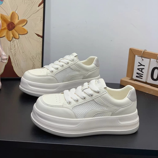 休闲韩系板鞋 厚底轻便镂空透气夏季 女2026超火时尚 真皮小白鞋 新款