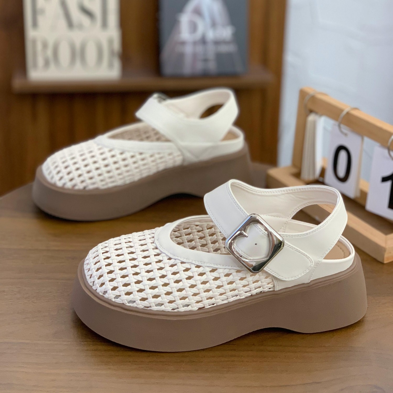 魔术贴编织乐福鞋后空包头凉鞋女2025夏季镂空网面休闲厚底松糕鞋,女鞋,罗马凉鞋,淘宝优惠券,粉丝福利购,淘宝优惠卷