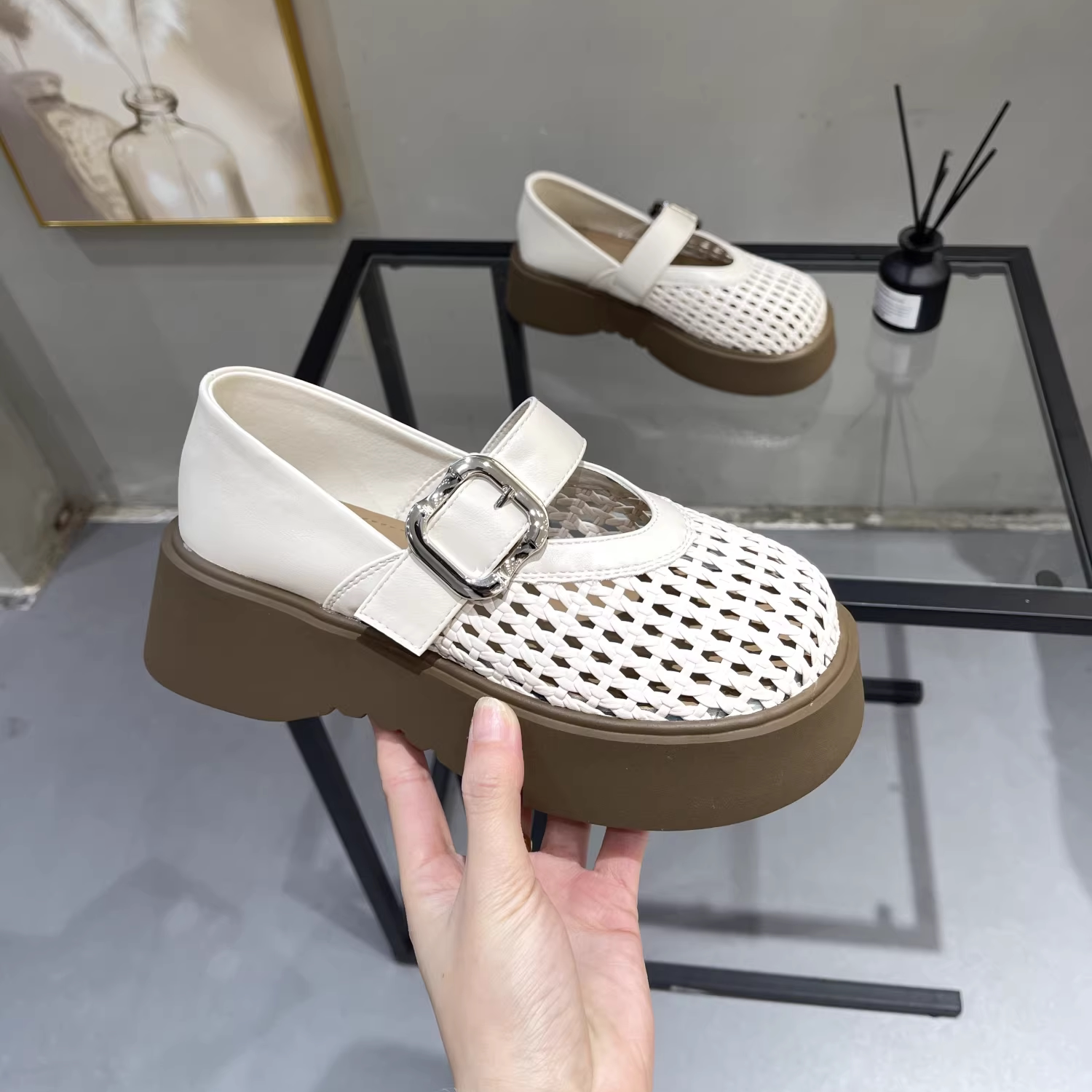 小个子厚底玛丽珍鞋女2026夏季新款复古编织镂空魔术贴两穿乐福鞋