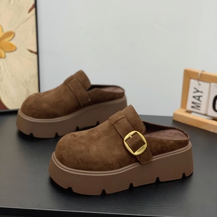 小个子女松糕厚底勃肯半拖鞋2025秋冬超火绒面丑萌大头外穿包头拖