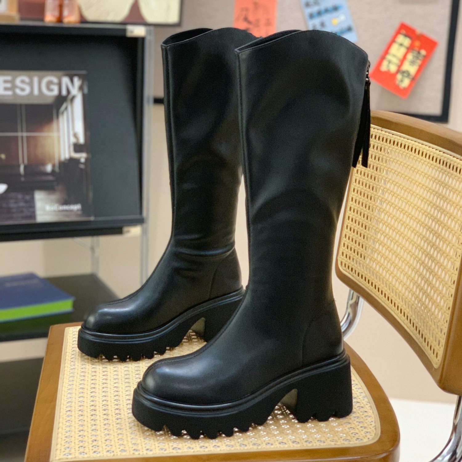 粗跟6CM小个子女增高长靴2025冬季超火V口显腿长后拉链复古骑士靴,女鞋,骑士靴,淘宝优惠券,粉丝福利购,淘宝优惠卷