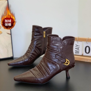 高级感褶皱裸靴小个子女高跟短靴2025冬季加绒尖头细跟复古时装靴