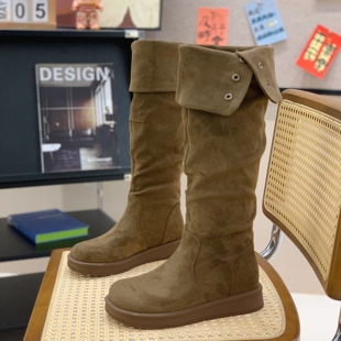 废土风长筒堆堆靴子女2025冬季超火高级感绒面平底复古西部牛仔靴