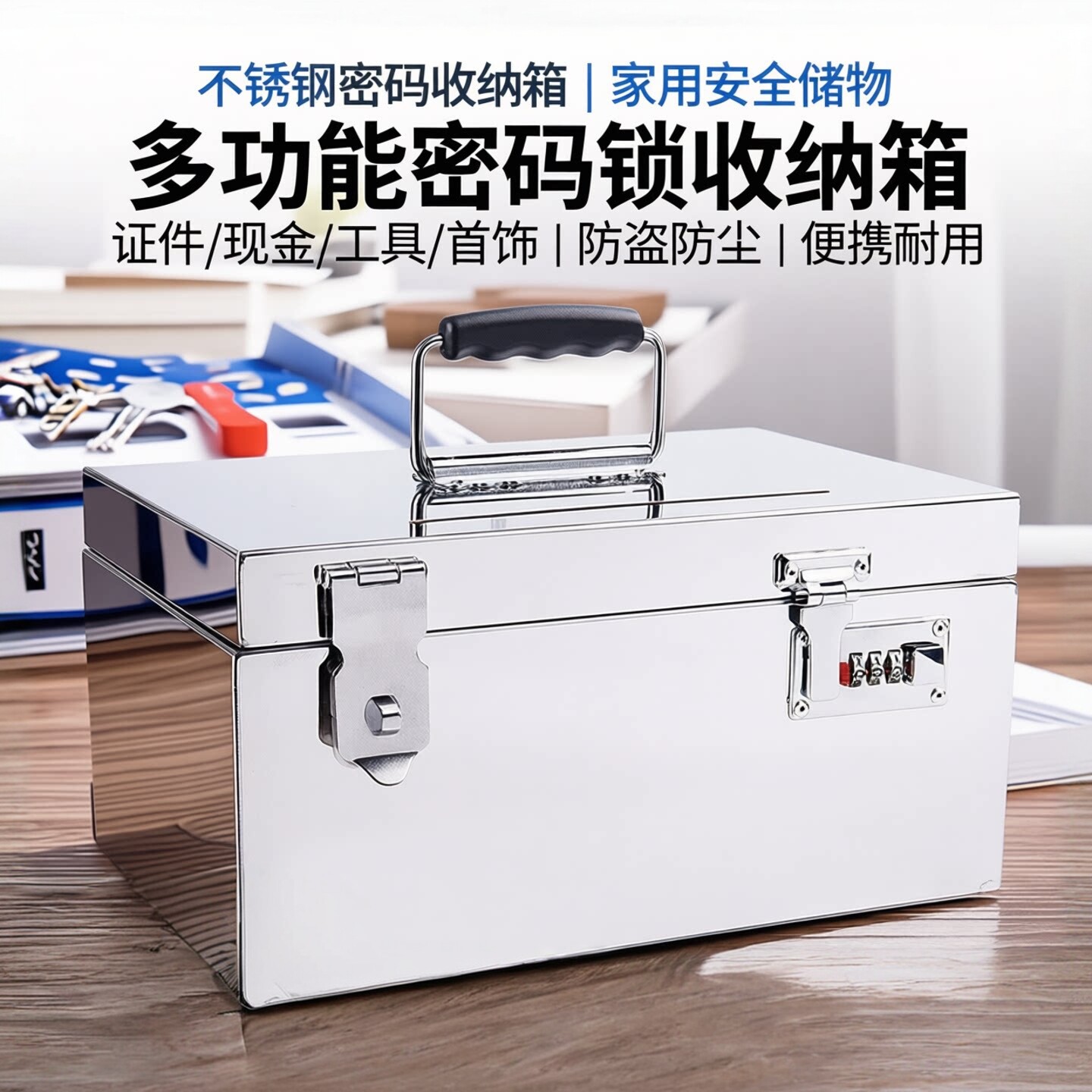 不锈钢收纳箱密码盒家用整理证件归纳储物箱带锁存钱罐收银钱盒子