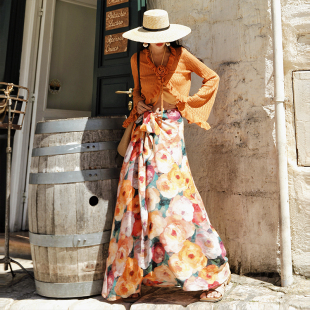 度假风油画印花两穿半身裙 法式 挂脖连衣裙 漫游花镜 麦叙原创