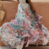 超仙重工立体花印花不规则网纱半身裙 法式 麦叙原创 雾入玫海