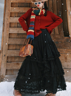 麦叙《夜风铃》复古黑色蕾丝绣花不规则网纱半身裙a字大摆蓬蓬裙