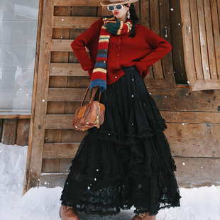 麦叙《夜风铃》复古黑色蕾丝绣花不规则网纱半身裙a字大摆蓬蓬裙