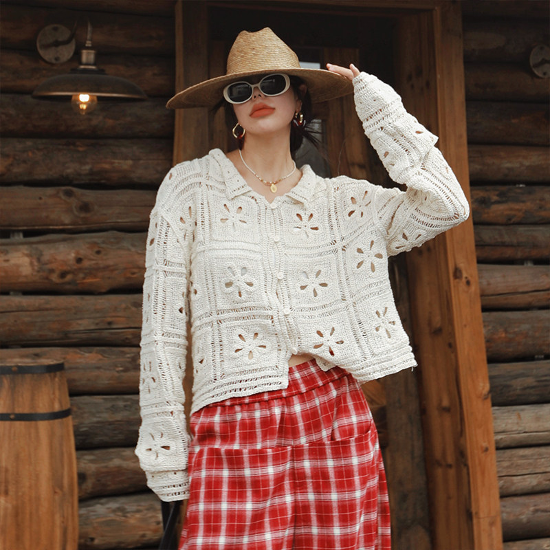 麦叙《格子花窗》法式波西米亚钩花镂空针织开衫外套秋季短上衣,女装/女士精品,毛针织衫,淘宝优惠券,粉丝福利购,淘宝优惠卷