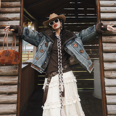 重工钉珠pu拼接牛仔羽绒棉服外套