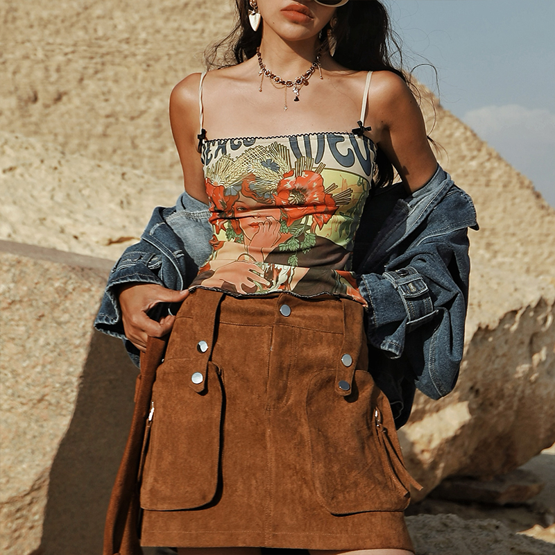 复古纯欲辣妹风油画印花吊带背心