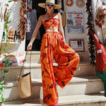 麦叙3/16NEW《假日橘海》法式海岛度假风植物印花挂脖吊带+阔腿裤