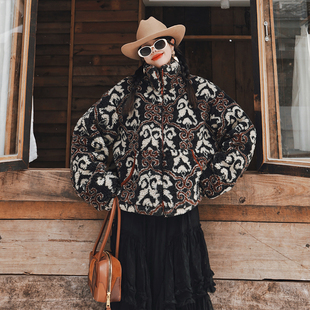 麦叙《弥花》复古异域民族风图腾印花仿羊羔毛外套短款宽松上衣冬