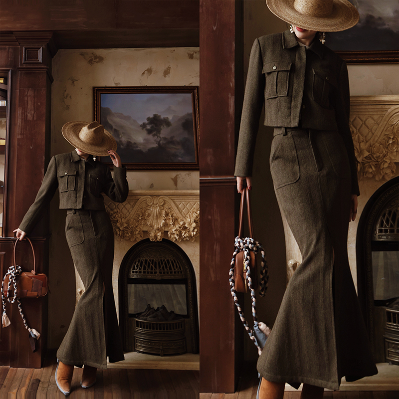 西装上衣鱼尾开叉半身裙毛呢套装