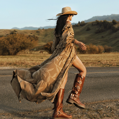 复古提花荷叶边长袖连衣裙