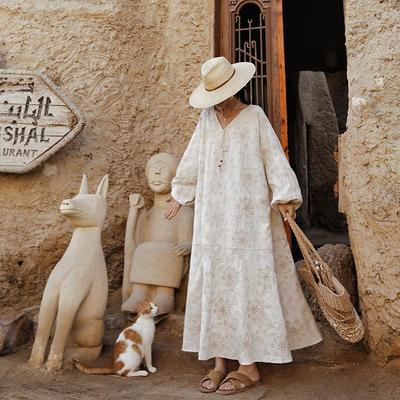 法式慵懒风宽松棉麻绣花连衣裙