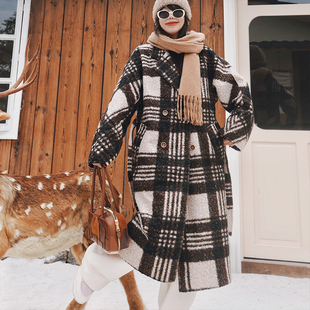 麦叙《黑白格调》高级感黑白格纹仿羊羔毛外套女秋冬中长款大衣
