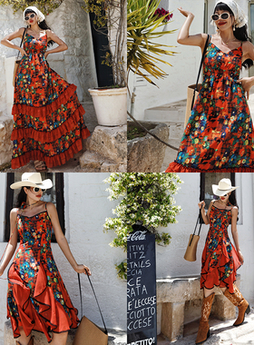 麦叙原创《萨那花园》复古红色格纹印花度假吊带短裙/长裙连衣裙