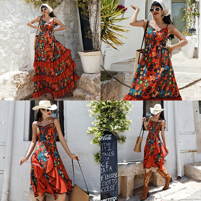 麦叙复古红色格纹印花吊带连衣裙