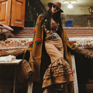 麦叙 美拉德复古棕色气质显瘦荷叶边鱼尾半身裙春秋长裙 沉鱼