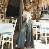 女夏百搭休闲长裤 麦叙 复古蓝色高腰毛边阔腿牛仔裤 周末 美式