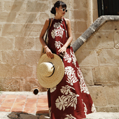 复古酒红色印花挖肩无袖 法式 背心连衣裙度假长裙 绯叶 麦叙原创